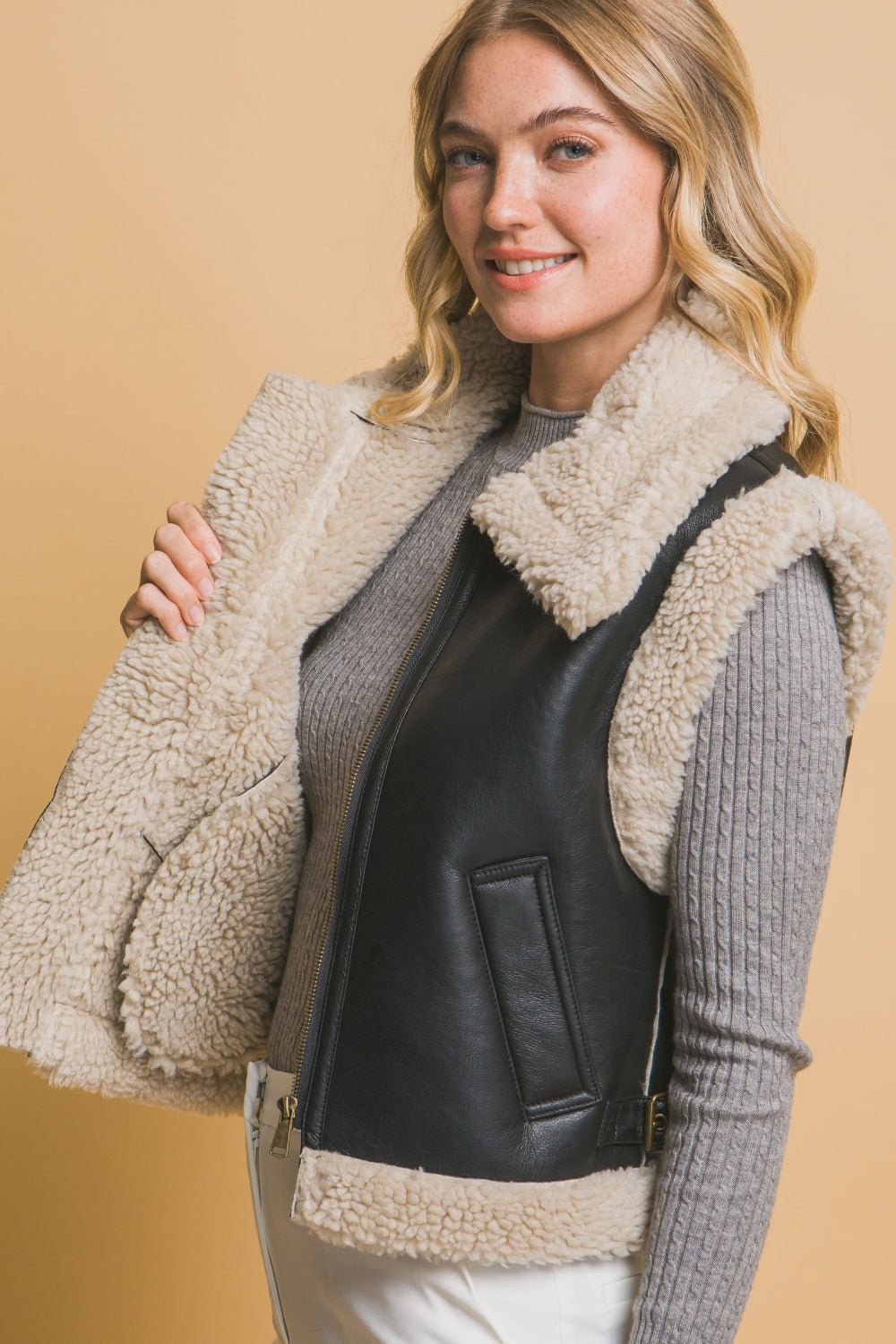 Love Tree Sherpa Zip Up Vest with Pockets - Vest - Black - Bella Bourget