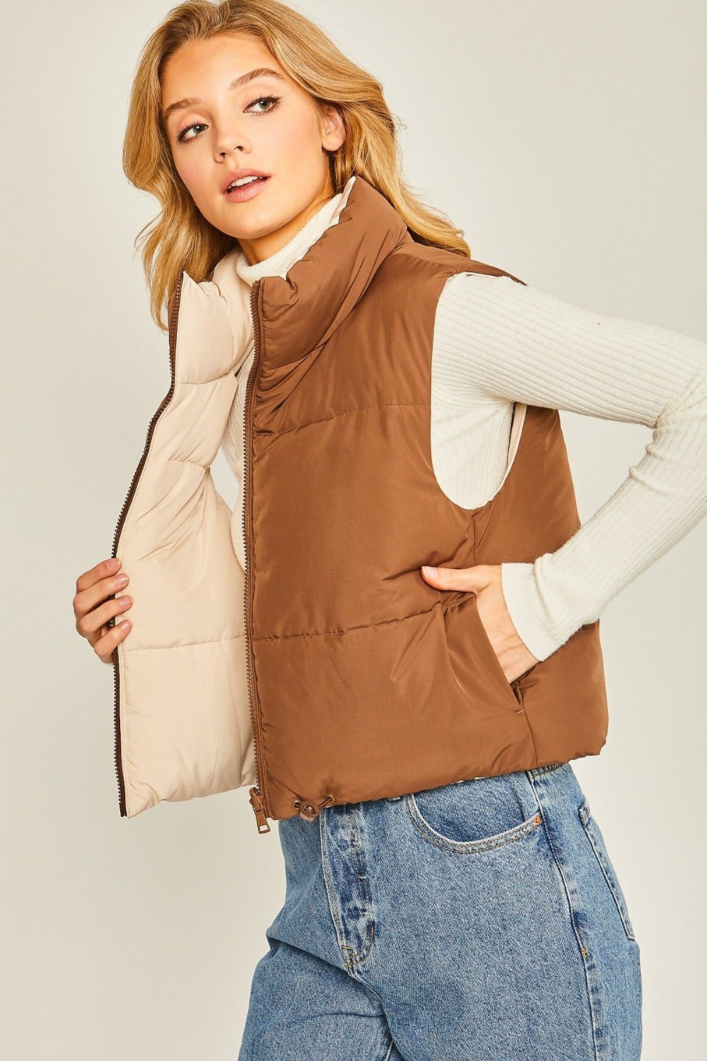 Love Tree Zip Up Cropped Contrast Reversible Vest - Jacket - Cocoa - Bella Bourget