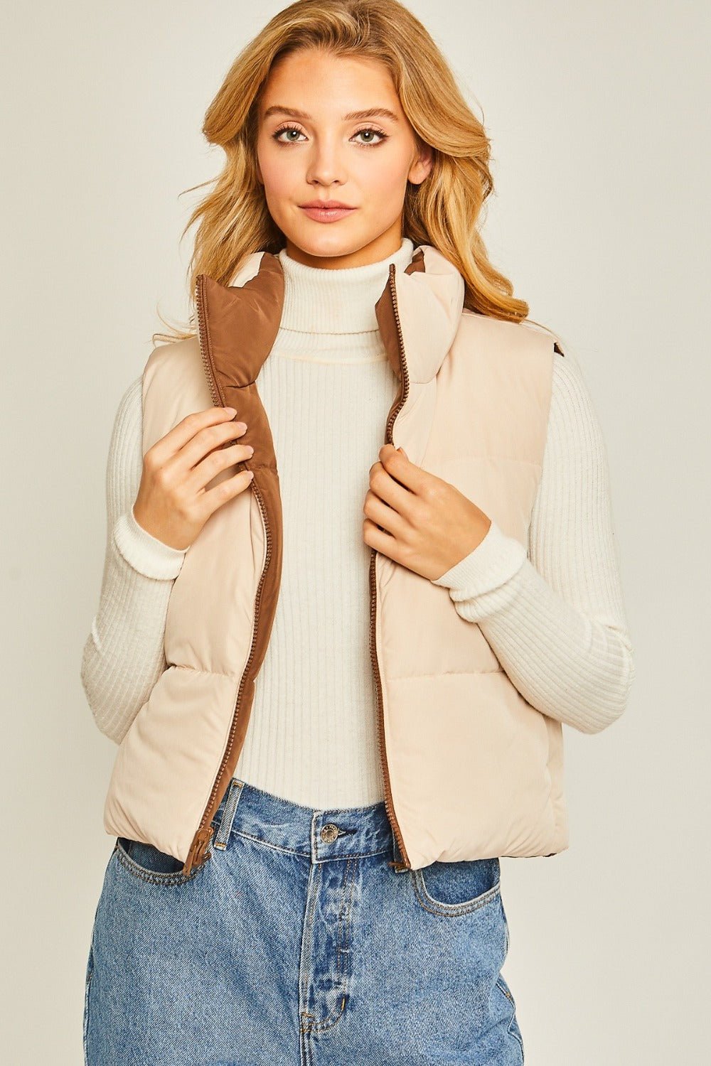 Love Tree Zip Up Cropped Contrast Reversible Vest - Jacket - Cocoa - Bella Bourget