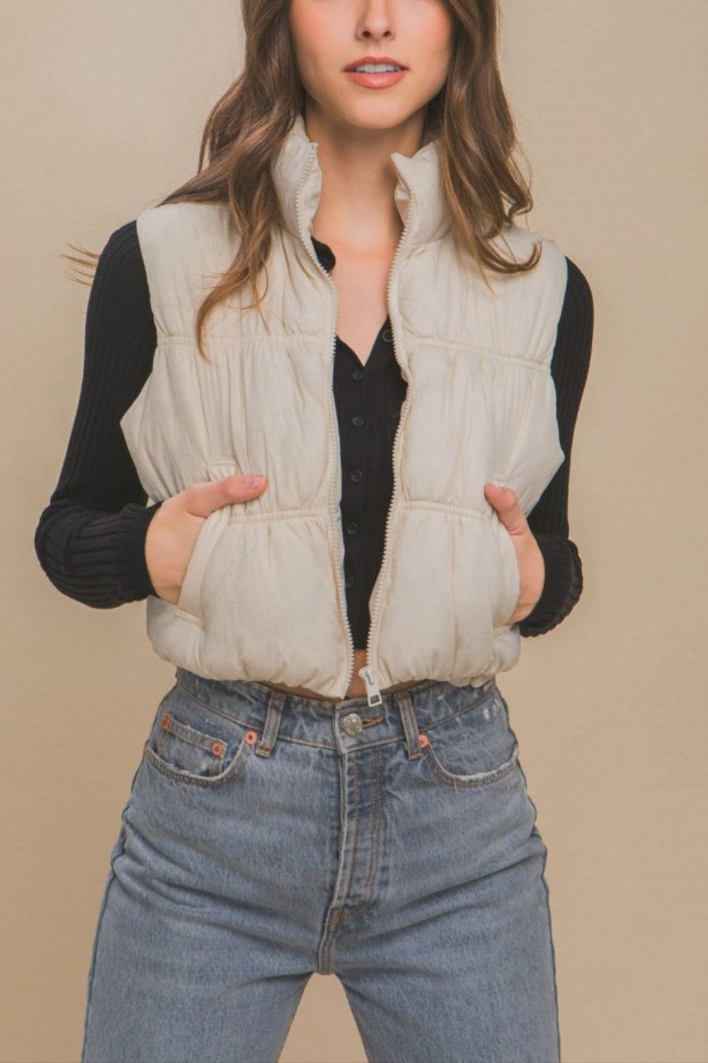 Love Tree Zip Up Turtleneck Cropped Vest Coat - Vest - Cream - Bella Bourget