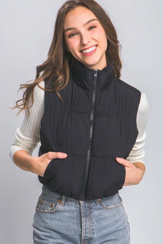 Love Tree Zip Up Turtleneck Cropped Vest Coat - Vest - Black - Bella Bourget