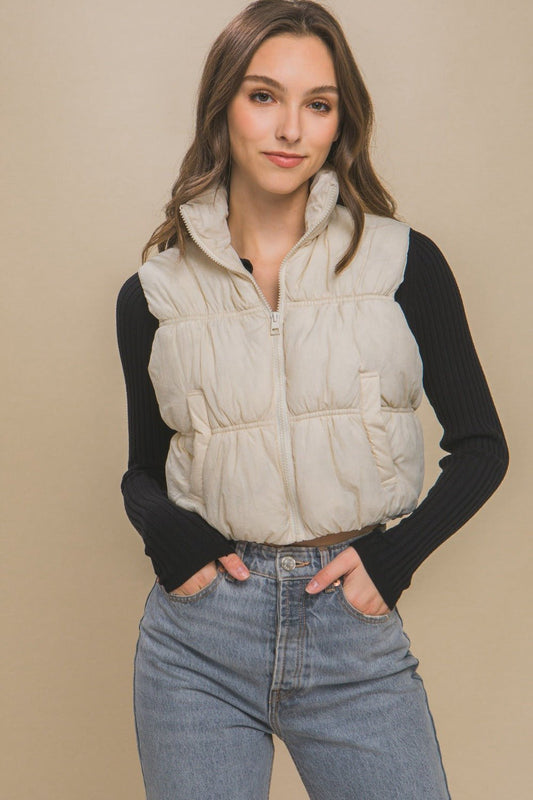 Love Tree Zip Up Turtleneck Cropped Vest Coat - Vest - Cream - Bella Bourget