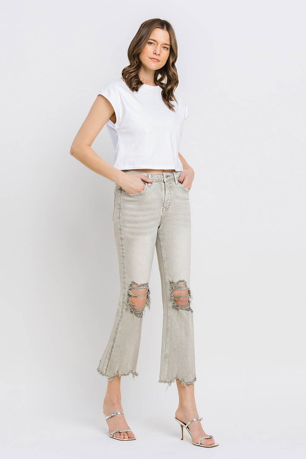 Lovervet Distressed Raw Hem Cropped Flare Jeans - jeans - Moss Green - Bella Bourget