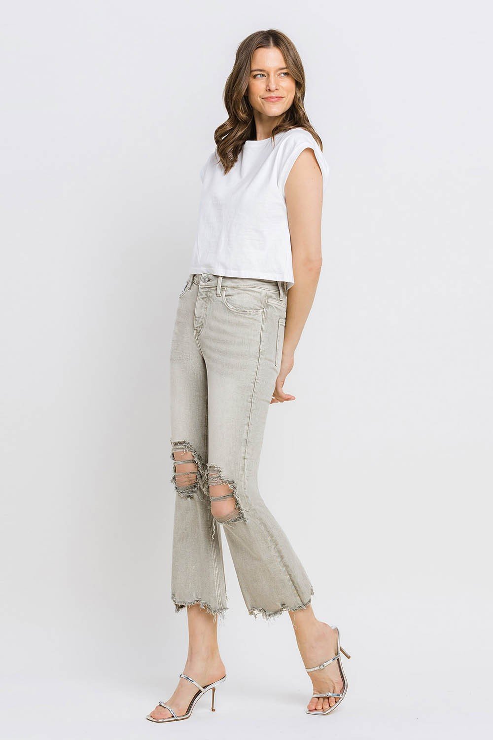 Lovervet Distressed Raw Hem Cropped Flare Jeans - jeans - Moss Green - Bella Bourget