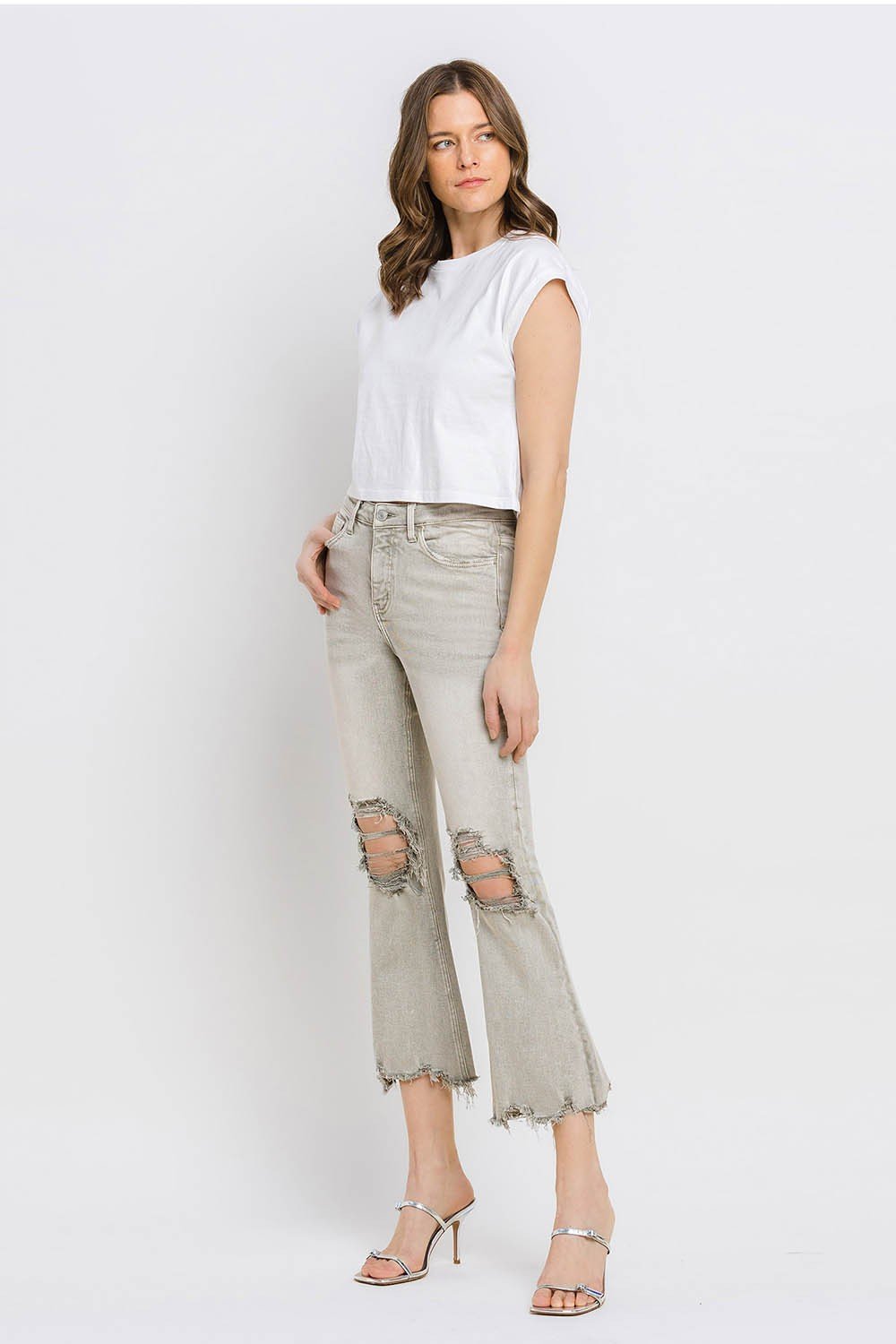 Lovervet Distressed Raw Hem Cropped Flare Jeans - jeans - Moss Green - Bella Bourget