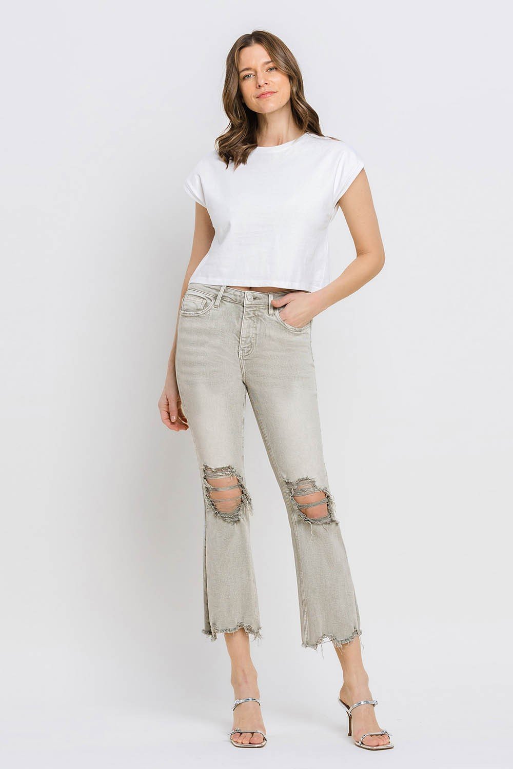 Lovervet Distressed Raw Hem Cropped Flare Jeans - jeans - Moss Green - Bella Bourget