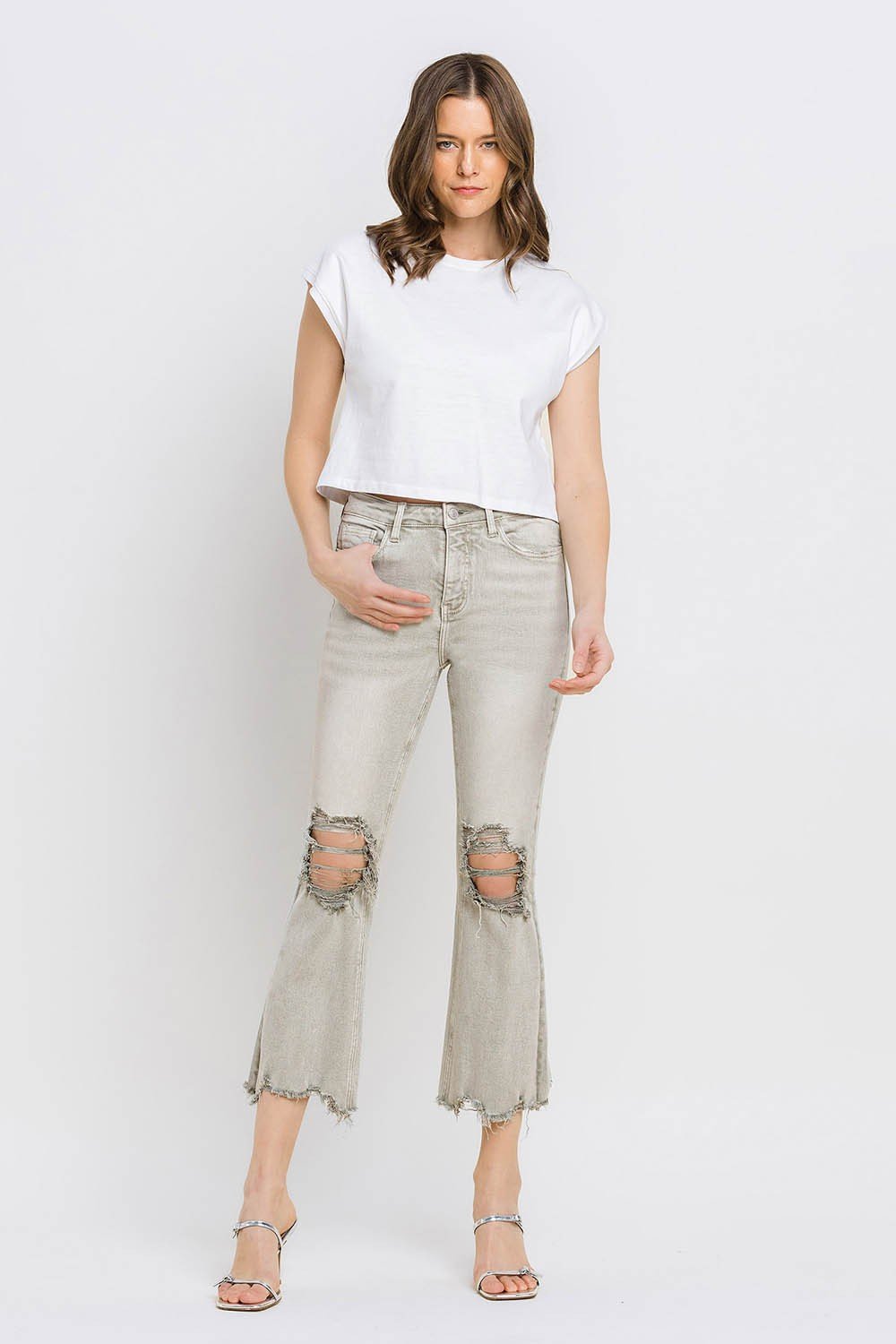 Lovervet Distressed Raw Hem Cropped Flare Jeans - jeans - Moss Green - Bella Bourget