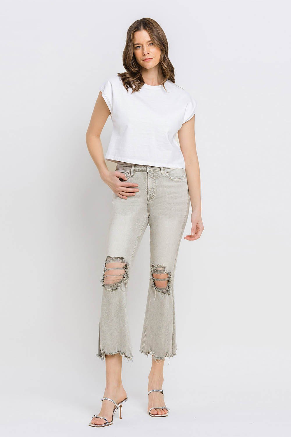 Lovervet Distressed Raw Hem Cropped Flare Jeans - jeans - Moss Green - Bella Bourget