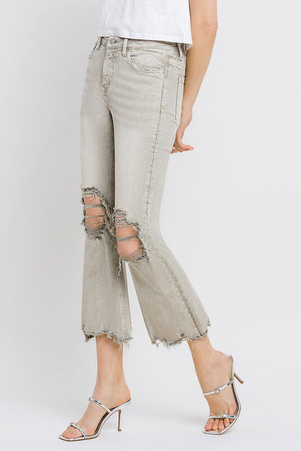 Lovervet Distressed Raw Hem Cropped Flare Jeans - jeans - Moss Green - Bella Bourget