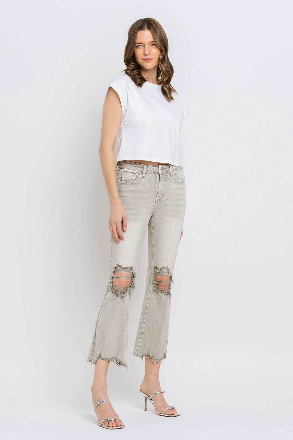 Lovervet Distressed Raw Hem Cropped Flare Jeans - jeans - Moss Green - Bella Bourget