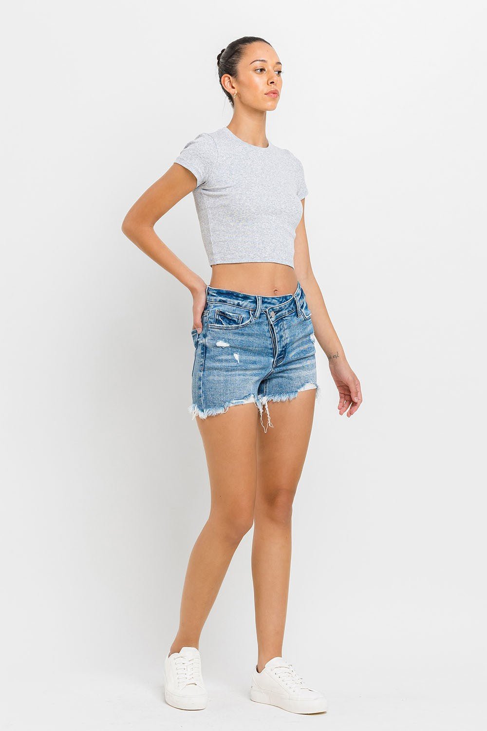 Lovervet Stepped Waist Raw Hem Denim Shorts - Shorts - Medium - Bella Bourget