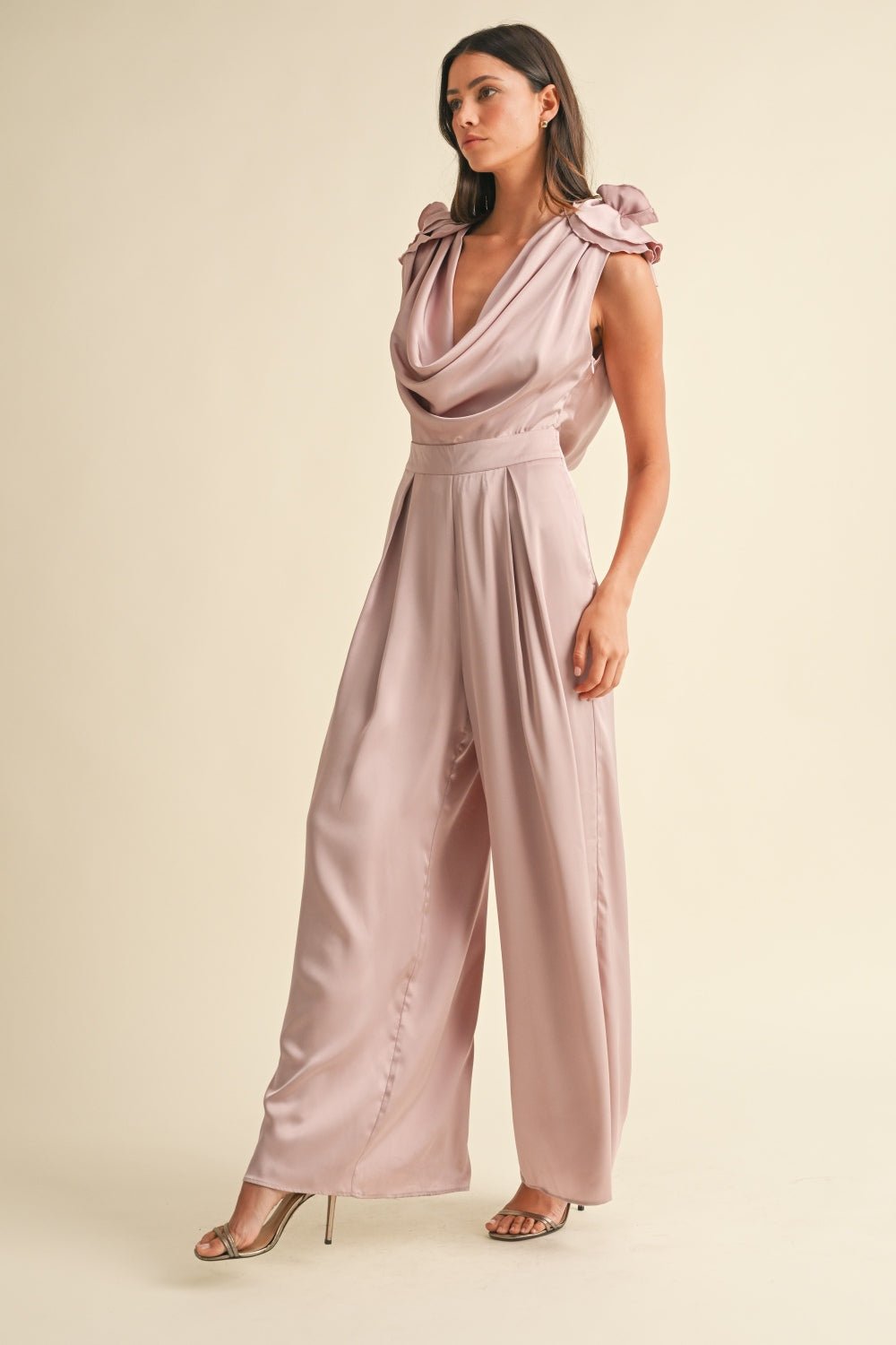 MABLE 3D Floral Applique Deep Cowl Neck Jumpsuit - Jumpsuit - Dusty Mauve - Bella Bourget