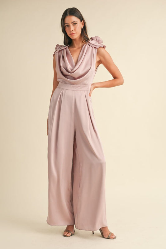 MABLE 3D Floral Applique Deep Cowl Neck Jumpsuit - Jumpsuit - Dusty Mauve - Bella Bourget