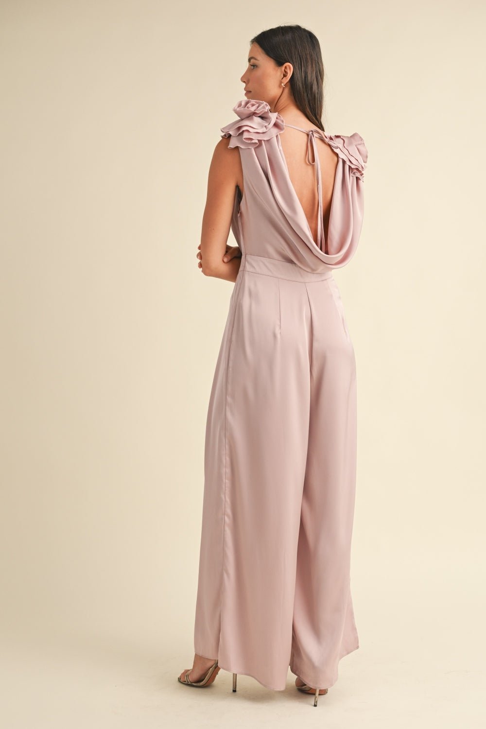 MABLE 3D Floral Applique Deep Cowl Neck Jumpsuit - Jumpsuit - Dusty Mauve - Bella Bourget