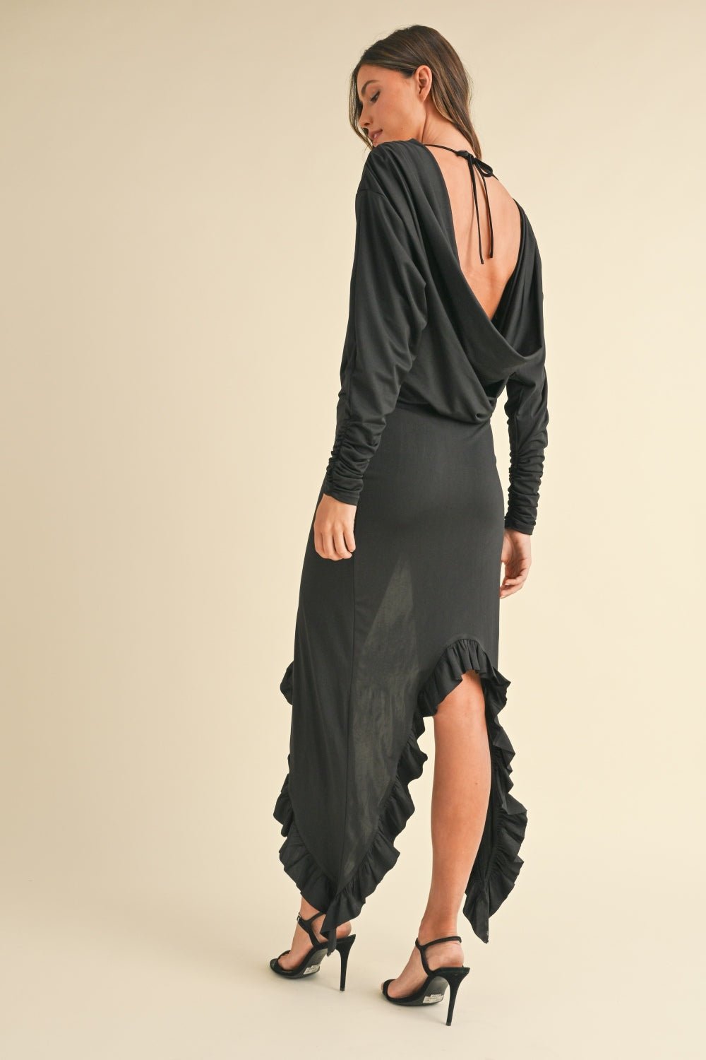 Mable Backless Asymmetric Ruffle Hem Dress - dress - Black - Bella Bourget