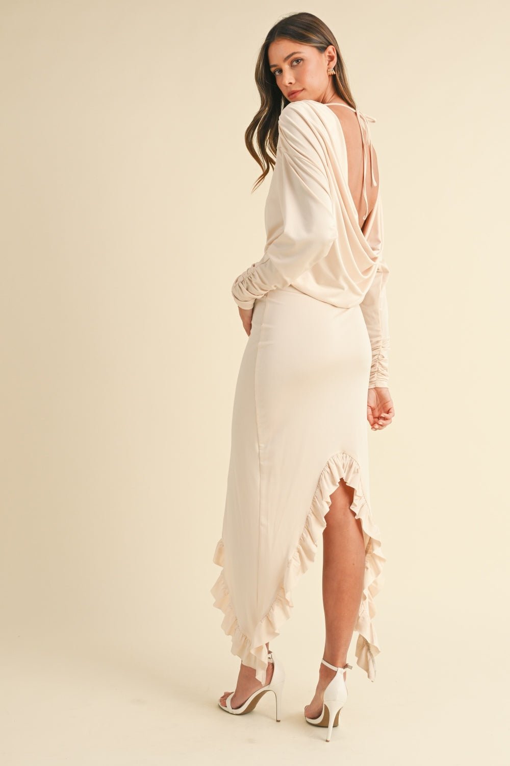 Mable Backless Asymmetric Ruffle Hem Dress - dress - Cream - Bella Bourget