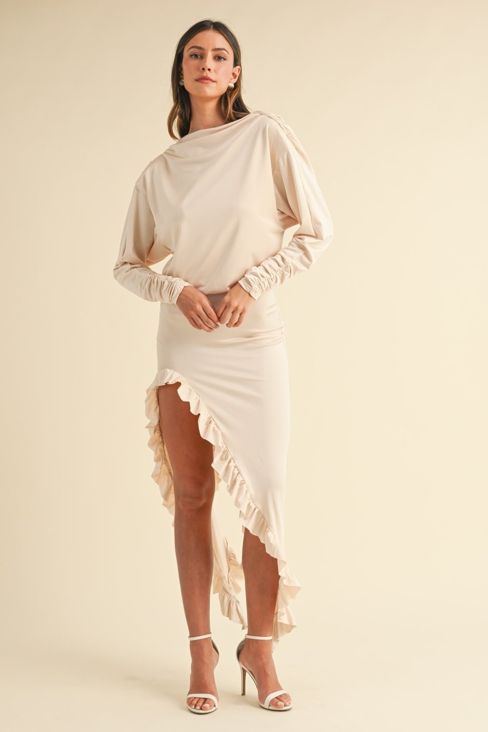 Mable Backless Asymmetric Ruffle Hem Dress - dress - Cream - Bella Bourget