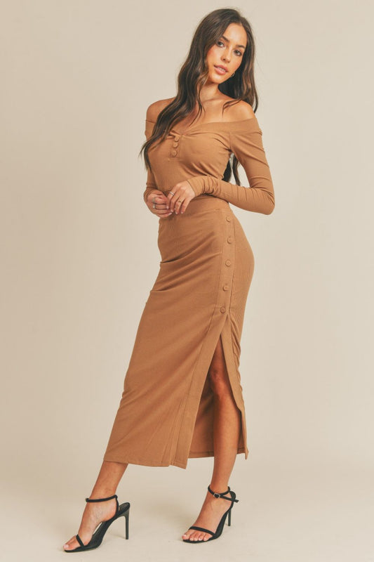 MABLE Button Detail Crop Top and Slit Midi Skirt Set - dress - Dusty Brown - Bella Bourget