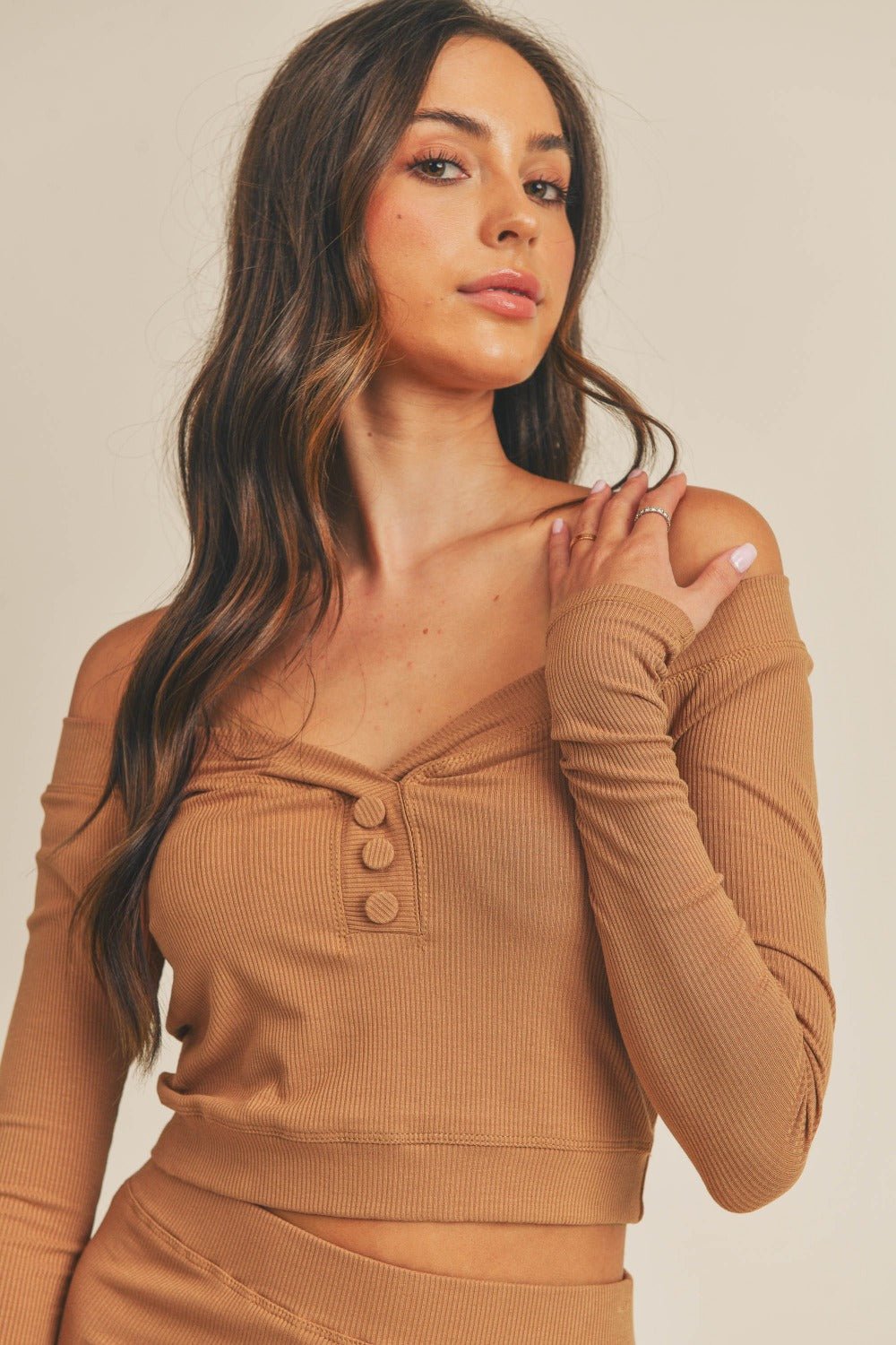 MABLE Button Detail Crop Top and Slit Midi Skirt Set - dress - Dusty Brown - Bella Bourget