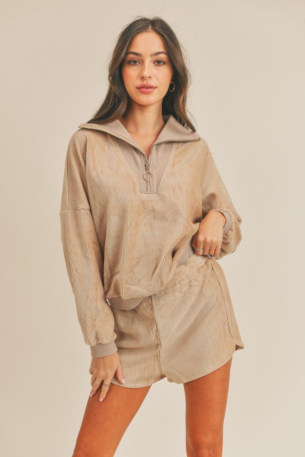 MABLE Corduroy Half Zip Top and Shorts Set - Set - Taupe - Bella Bourget