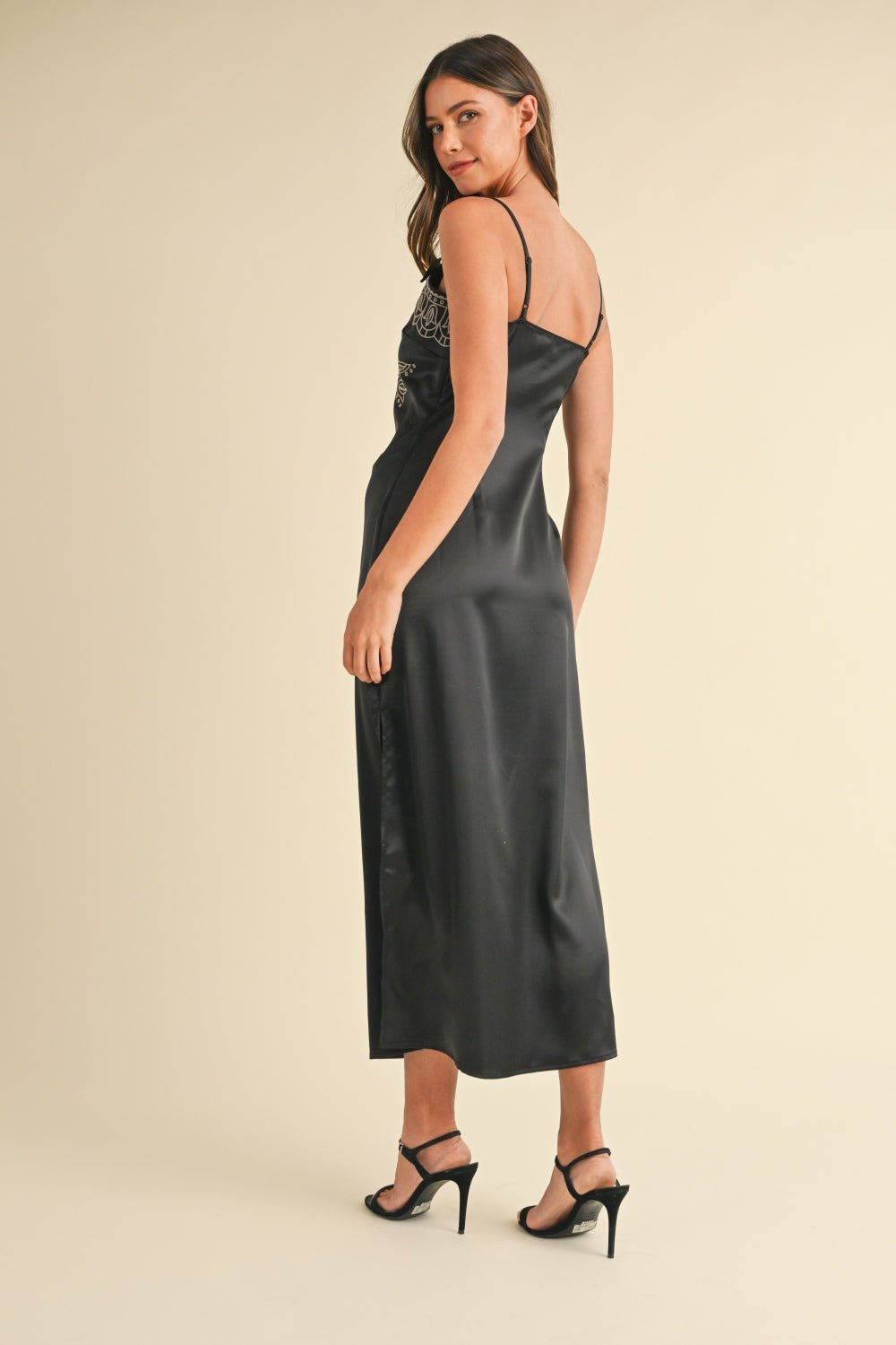 Mable Embroidered Cami Satin Midi Slit Dress - dress - Black - Bella Bourget