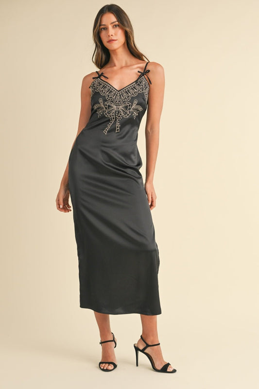 Mable Embroidered Cami Satin Midi Slit Dress - dress - Black - Bella Bourget