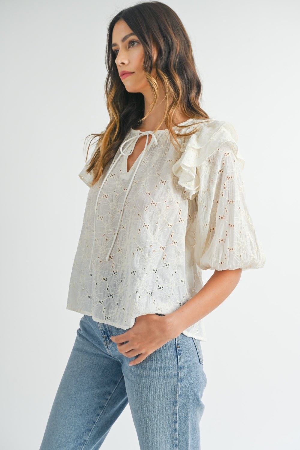 MABLE Eyelet Lace Ruffle Shoulder Puff Sleeve Blouse - Top - Cream - Bella Bourget