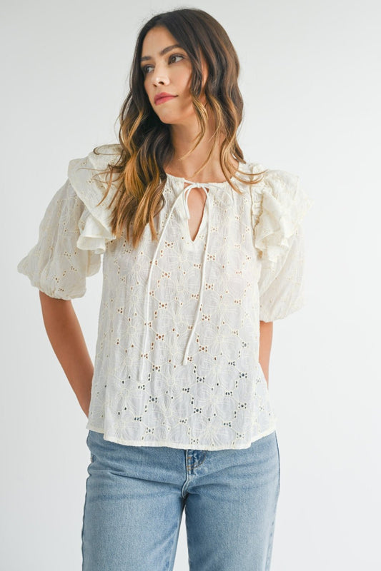 MABLE Eyelet Lace Ruffle Shoulder Puff Sleeve Blouse - Top - Cream - Bella Bourget