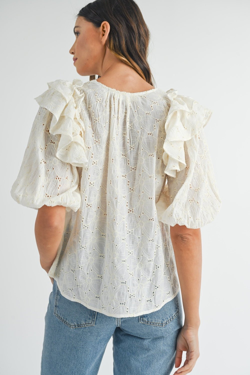 MABLE Eyelet Lace Ruffle Shoulder Puff Sleeve Blouse - Top - Cream - Bella Bourget