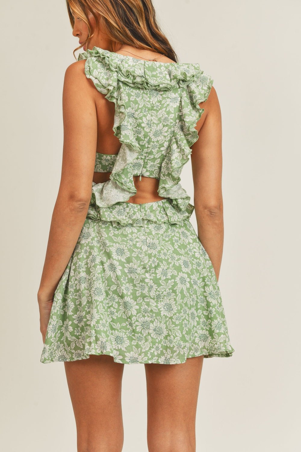 MABLE Floral Side Cutout Ruffled Mini Dress - Midi Dress - Sage - Bella Bourget