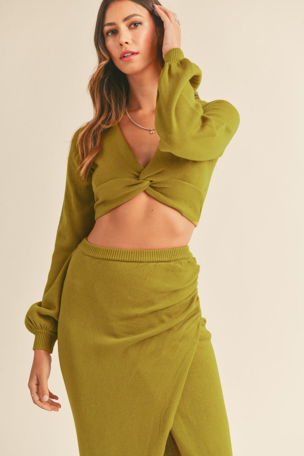 MABLE Front Twisted Knit Top and Midi Skirt Set - Skirt - Moss Green - Bella Bourget