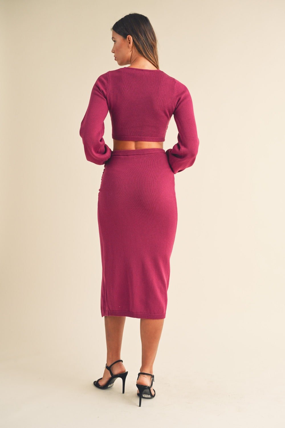 MABLE Front Twisted Knit Top and Midi Skirt Set - dress - Magenta - Bella Bourget