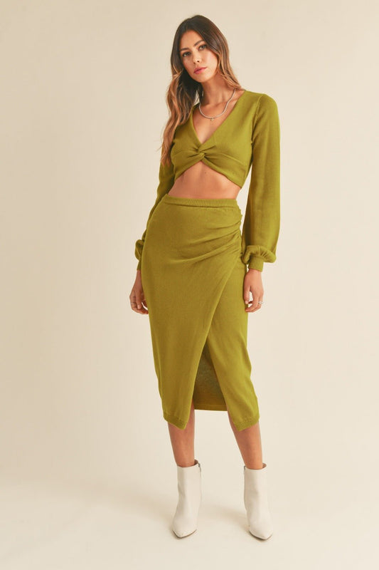 MABLE Front Twisted Knit Top and Midi Skirt Set - Skirt - Moss Green - Bella Bourget