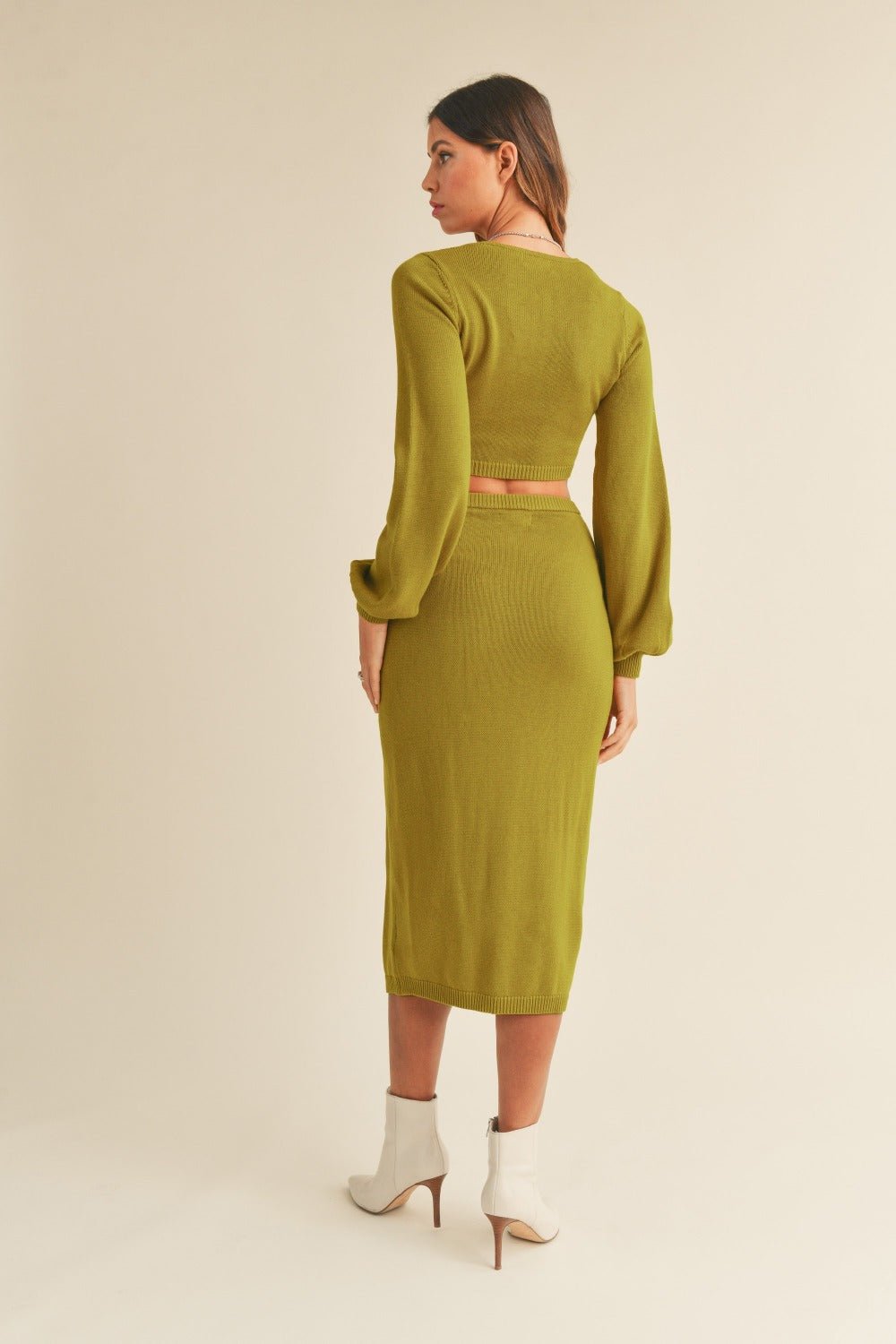 MABLE Front Twisted Knit Top and Midi Skirt Set - Skirt - Moss Green - Bella Bourget