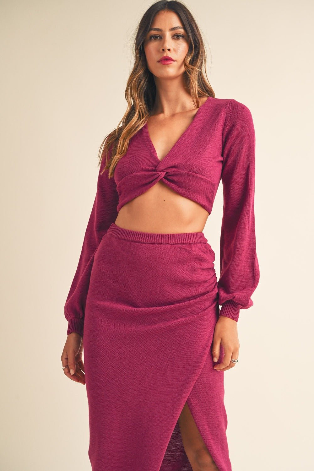 MABLE Front Twisted Knit Top and Midi Skirt Set - dress - Magenta - Bella Bourget