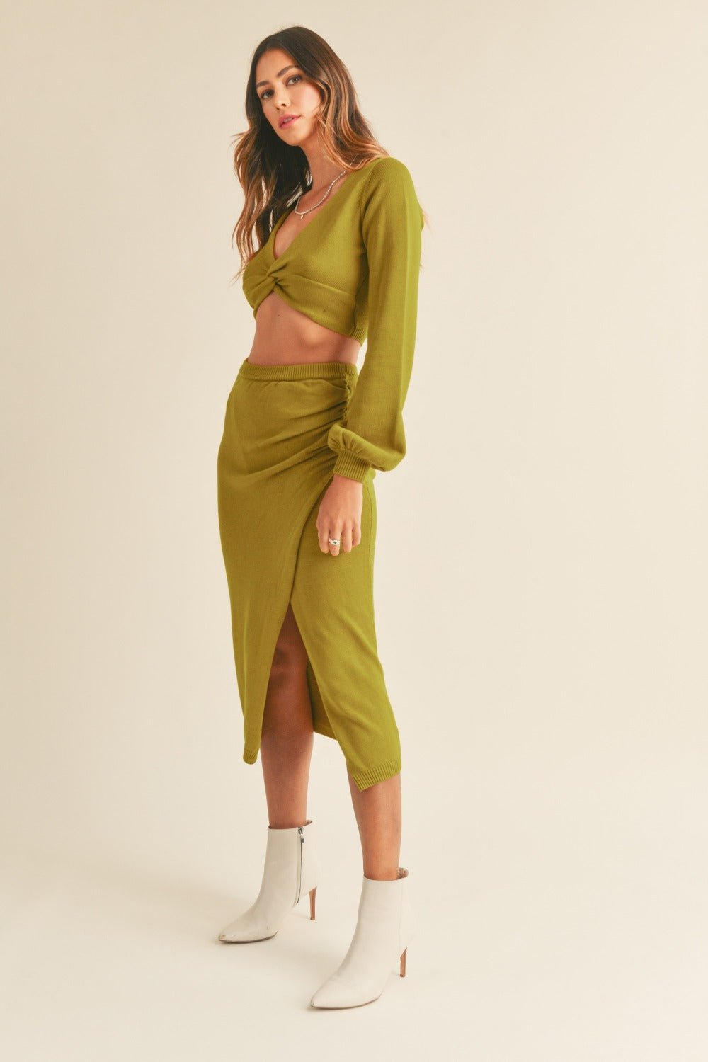 MABLE Front Twisted Knit Top and Midi Skirt Set - Skirt - Moss Green - Bella Bourget