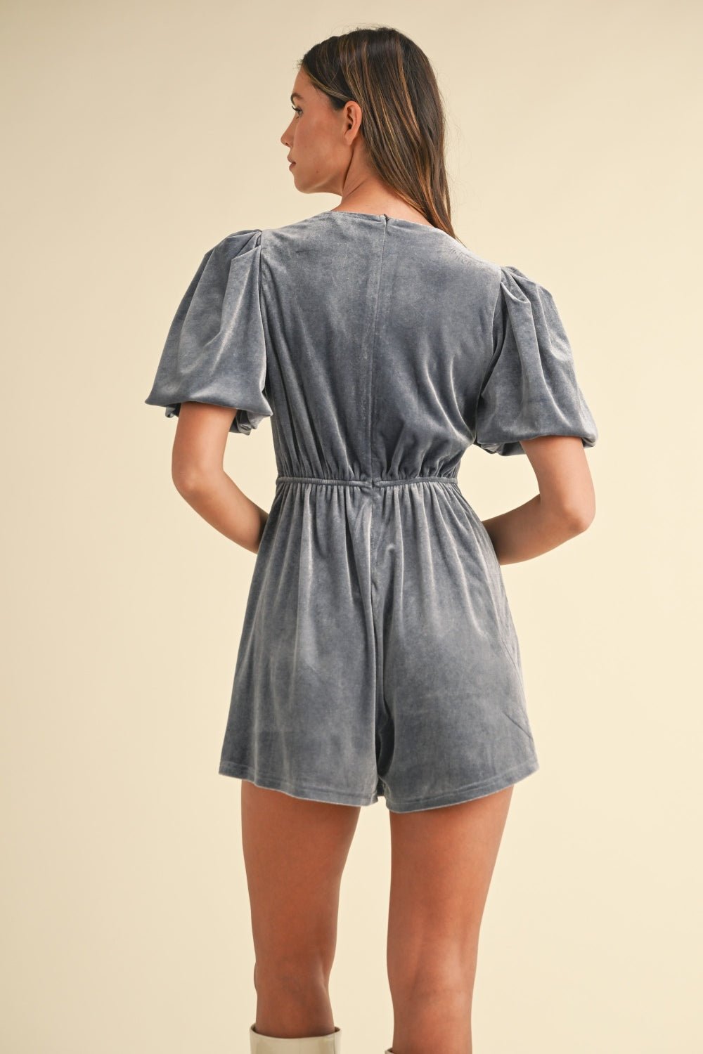 Mable Jewel Bow Decor Puff Sleeve Velvet Romper - Romper - Dusty Blue - Bella Bourget