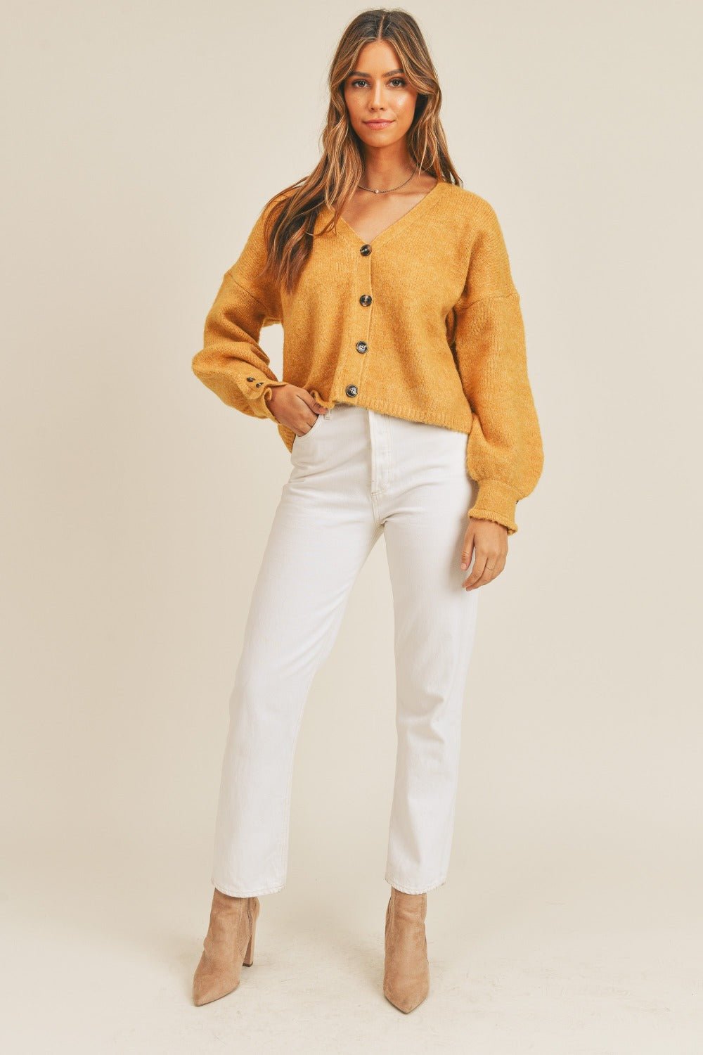 MABLE Long Sleeve Button Down Sweater Cardigan - Sweater - Mustard - Bella Bourget