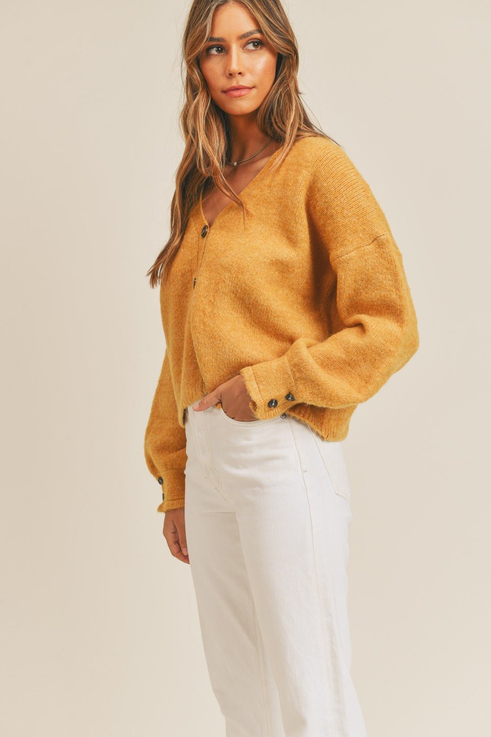 MABLE Long Sleeve Button Down Sweater Cardigan - Sweater - Mustard - Bella Bourget