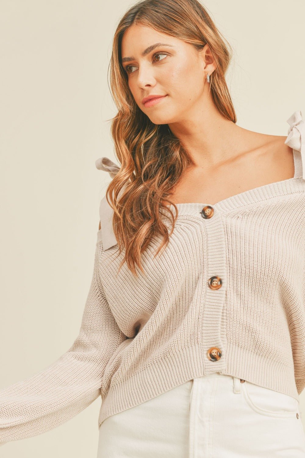 MABLE Off Shoulder Self Tie Strap Button Down Sweater - Sweater - Dusty Lavender - Bella Bourget