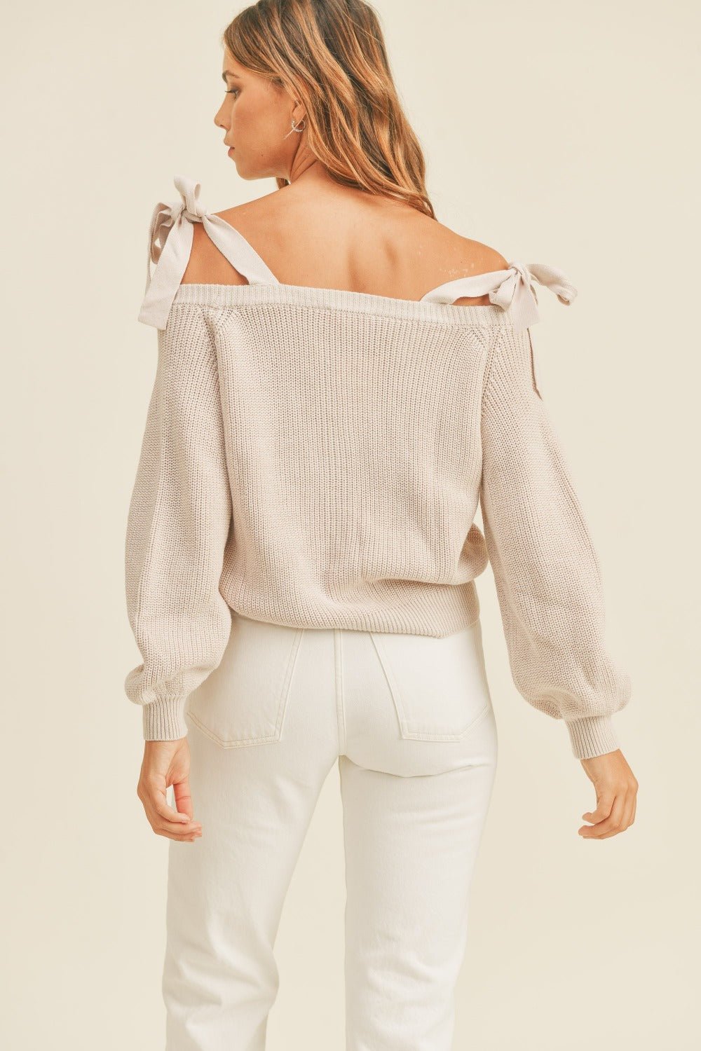 MABLE Off Shoulder Self Tie Strap Button Down Sweater - Sweater - Dusty Lavender - Bella Bourget