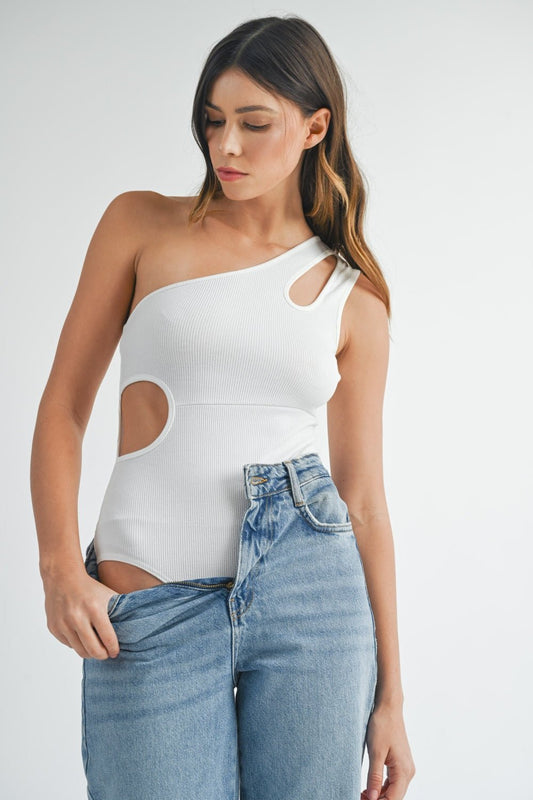 MABLE One Shoulder Ribbed Cutout Detail Bodysuit - Bodysuit - Off White - Bella Bourget