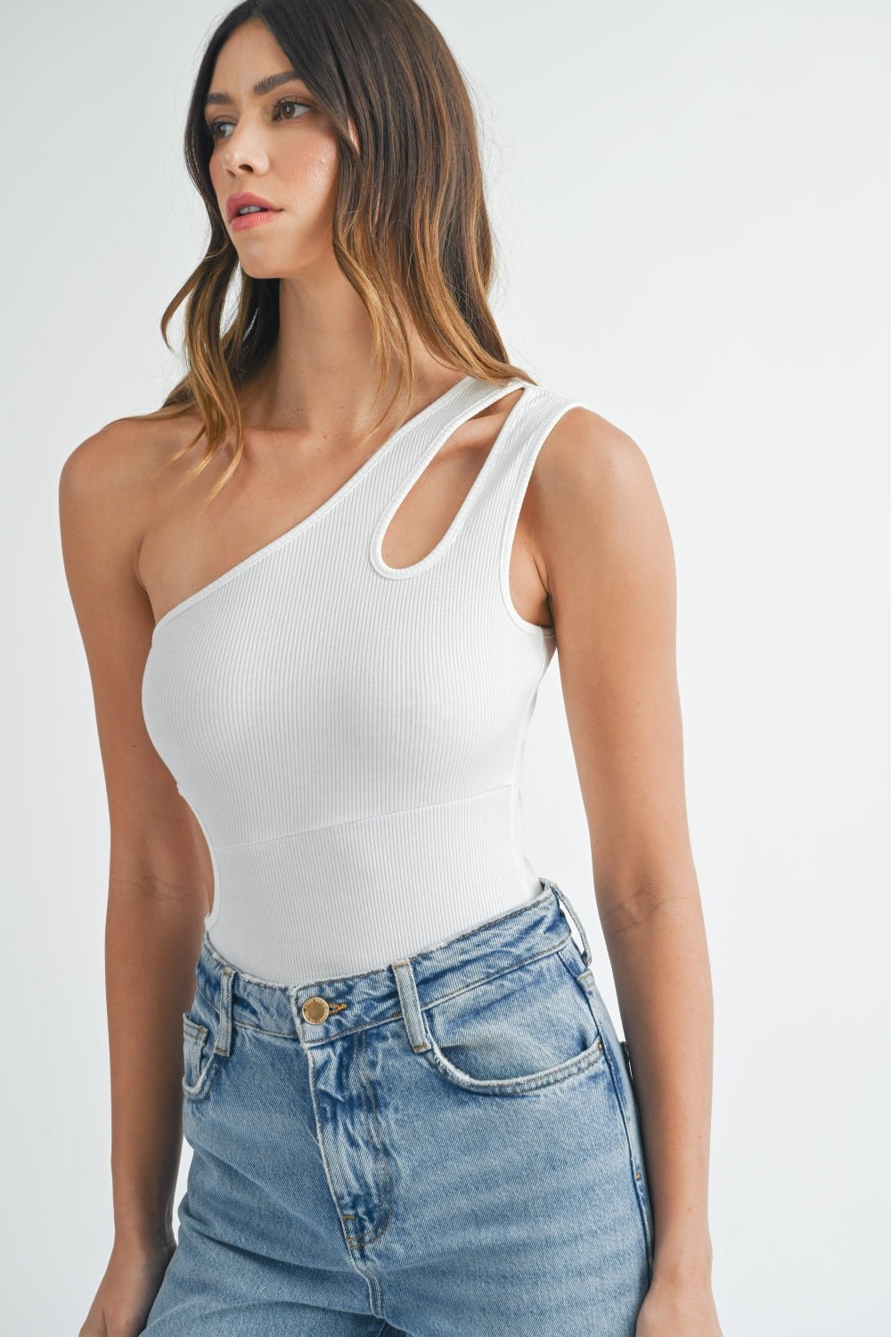 MABLE One Shoulder Ribbed Cutout Detail Bodysuit - Bodysuit - Off White - Bella Bourget