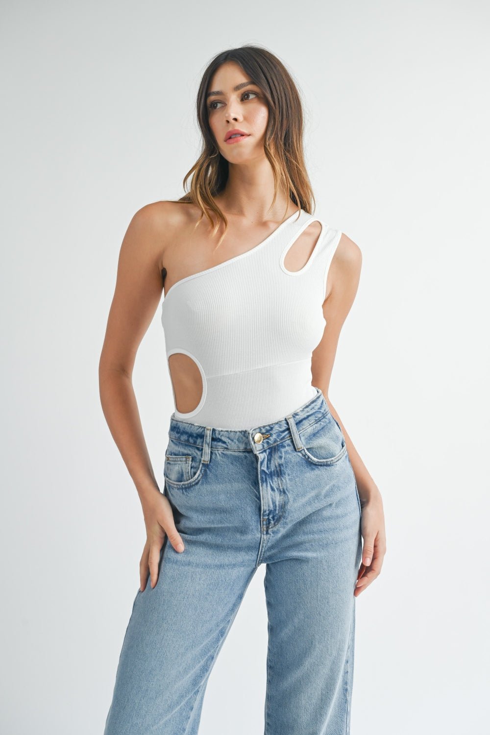 MABLE One Shoulder Ribbed Cutout Detail Bodysuit - Bodysuit - Off White - Bella Bourget