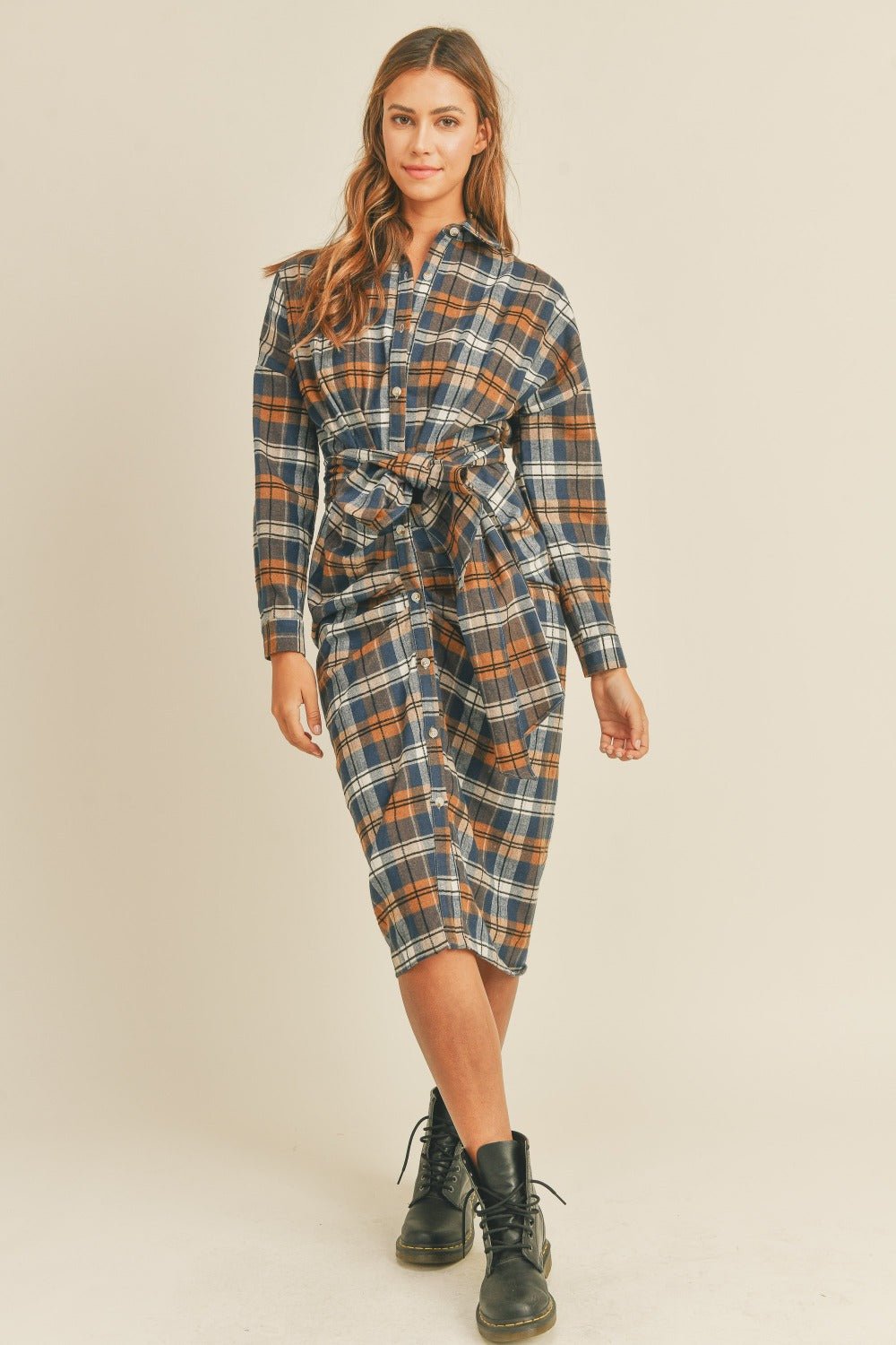 Mable Plaid Flannel Front Tie Button Down Shirt Dress - dress - Camel - Bella Bourget