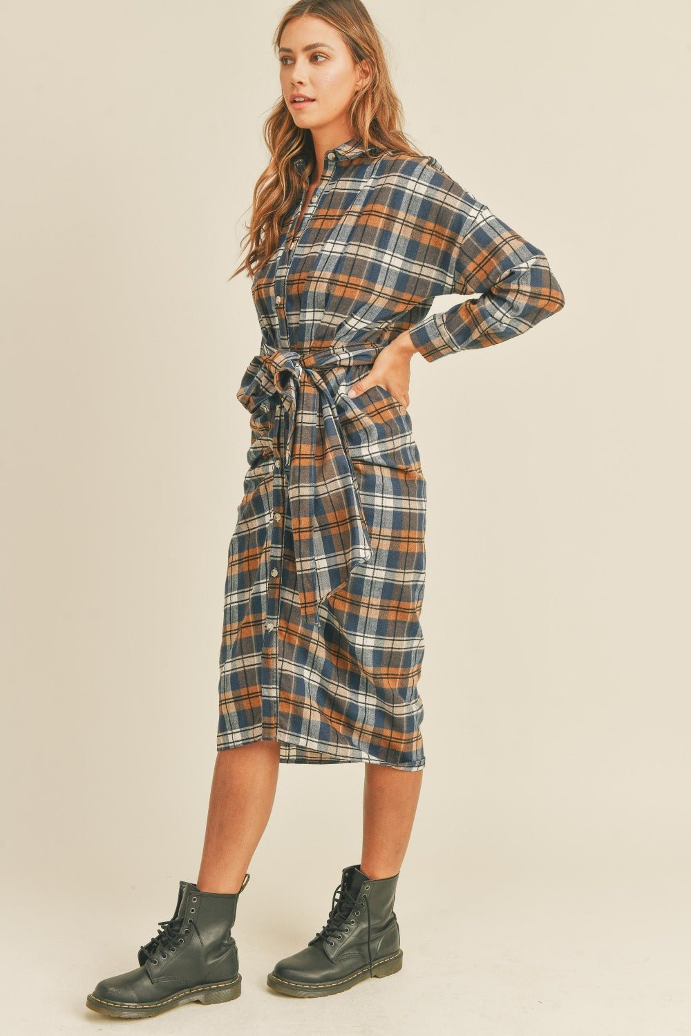 Mable Plaid Flannel Front Tie Button Down Shirt Dress - dress - Camel - Bella Bourget