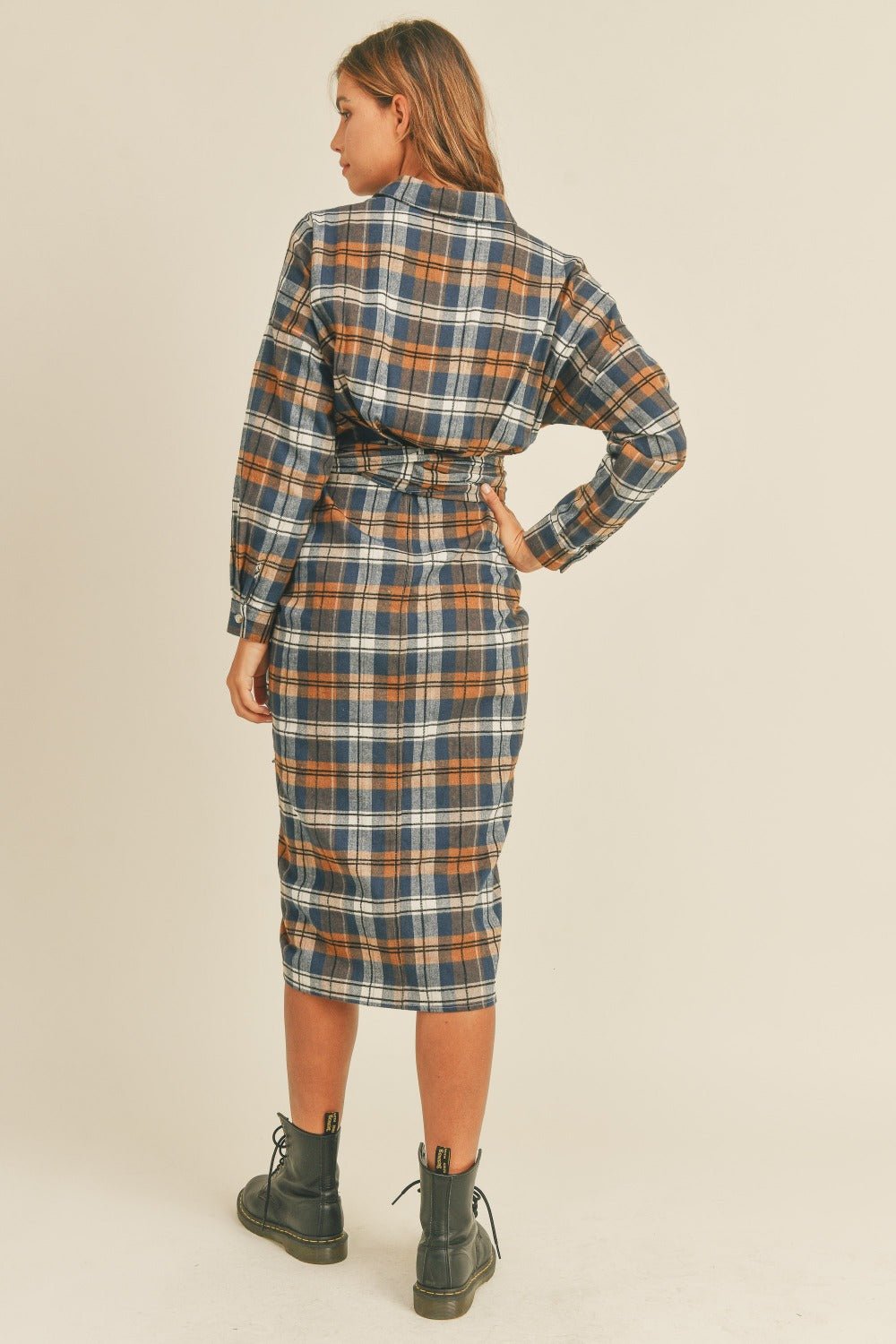 Mable Plaid Flannel Front Tie Button Down Shirt Dress - dress - Camel - Bella Bourget