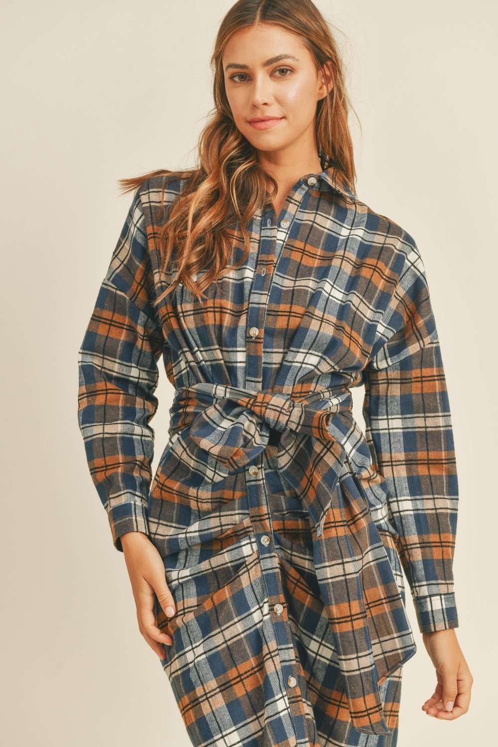 Mable Plaid Flannel Front Tie Button Down Shirt Dress - dress - Camel - Bella Bourget