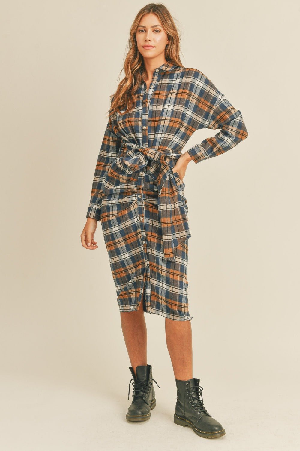 Mable Plaid Flannel Front Tie Button Down Shirt Dress - dress - Camel - Bella Bourget