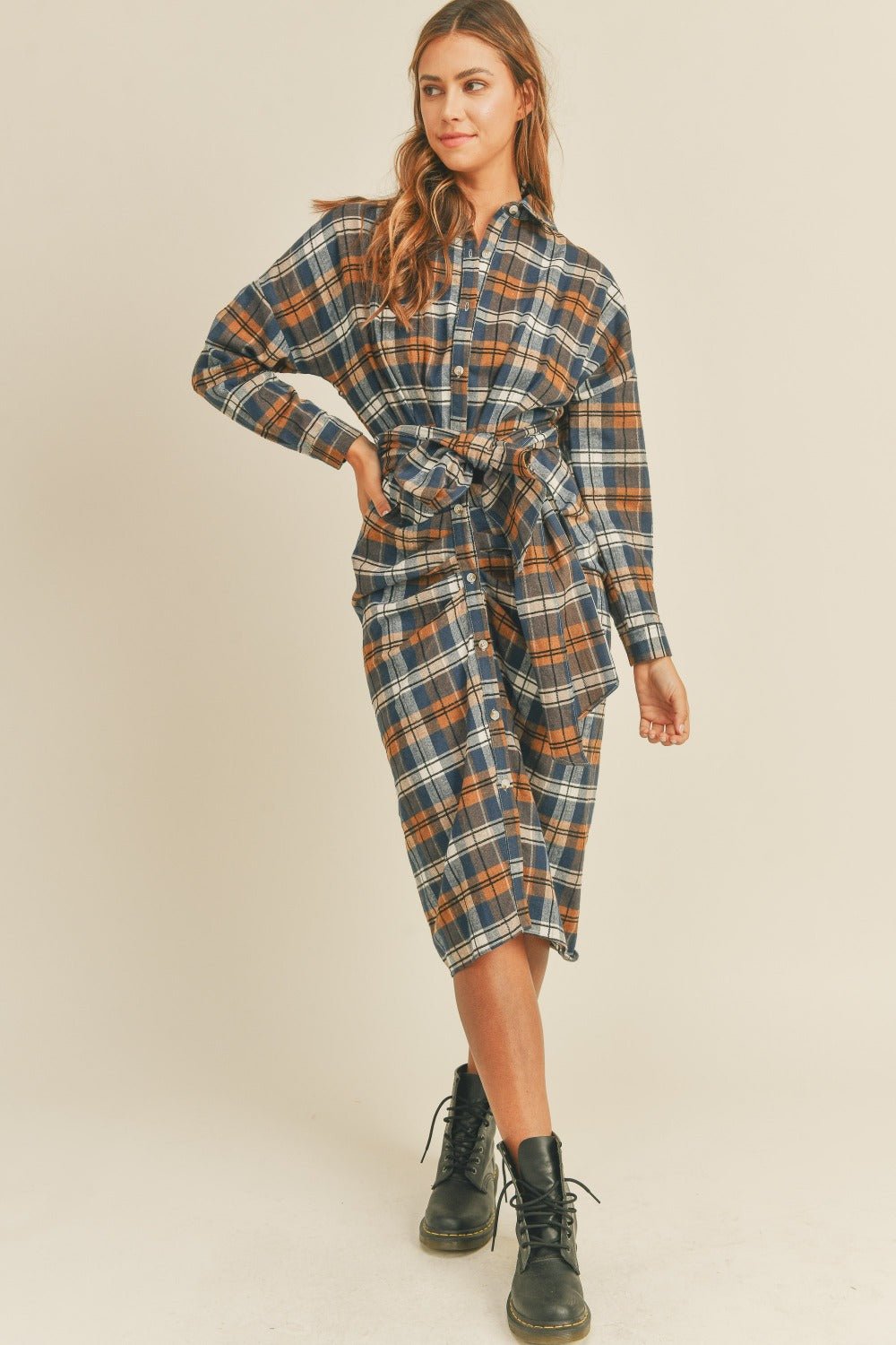 Mable Plaid Flannel Front Tie Button Down Shirt Dress - dress - Camel - Bella Bourget